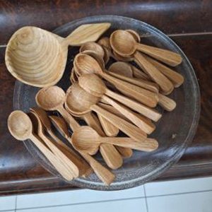 Squat Ovoid Oak Serving Spoon And Oak Tasting Teaspoons
